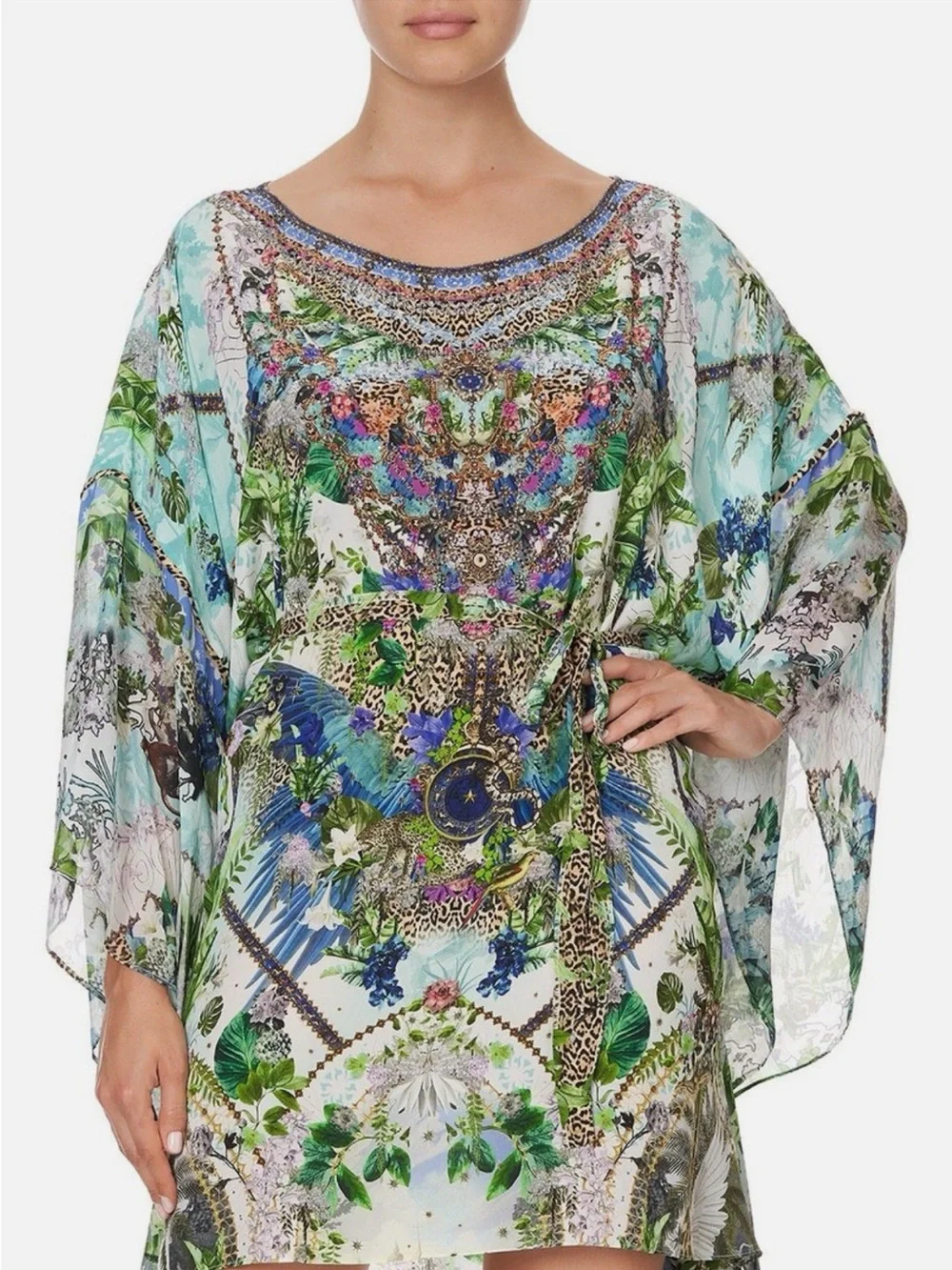 Camilla Silk Moon Garden Floral Multicolor Rhinestone Kaftan Mini Dress - Picture 2 of 7